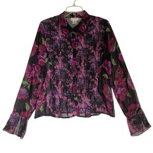 Vintage Allyson Taylor Silk Shirt Top L Floral Purple Button Up Business Casual
